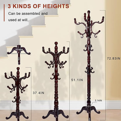 Wooden Coat rack freestanding, Coat racks stand with 14 Hook, Heavy duty coat tree standing 3 Adjustable Heights for Bedroom, Entryway, Hallway, Office,Stury Base (Redwood triangle)