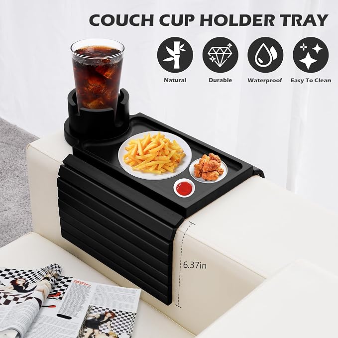 GHKINMAL Couch Cup Holder Tray, 3 in 1 Large Couch Arm Trays,Bamboo Chair Clip on Tray with 360° Ratated Phone Holder for Couch,Armrest Tray for Snacks,Remote,Phone