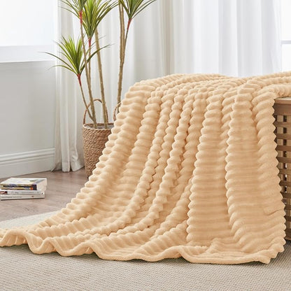 BEDELITE Twin Blanket for Couch & Bed, 300GSM Soft & Warm Fleece Blanket, Decorative and Giftable Striped Blush Sand Blankets for Women, Men, 60"x80"