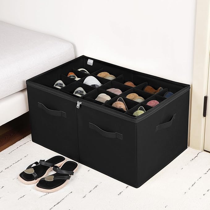 TOPIA HOME Shoe Organizer for Closet 2 Pack, Foldable Shoe Box with Adjustable Divider and Clear Cover, Space Saving Shoe Storage Organizer Cabinet with Reinforced Handles, Fits 40 Pair, Black, TP11B