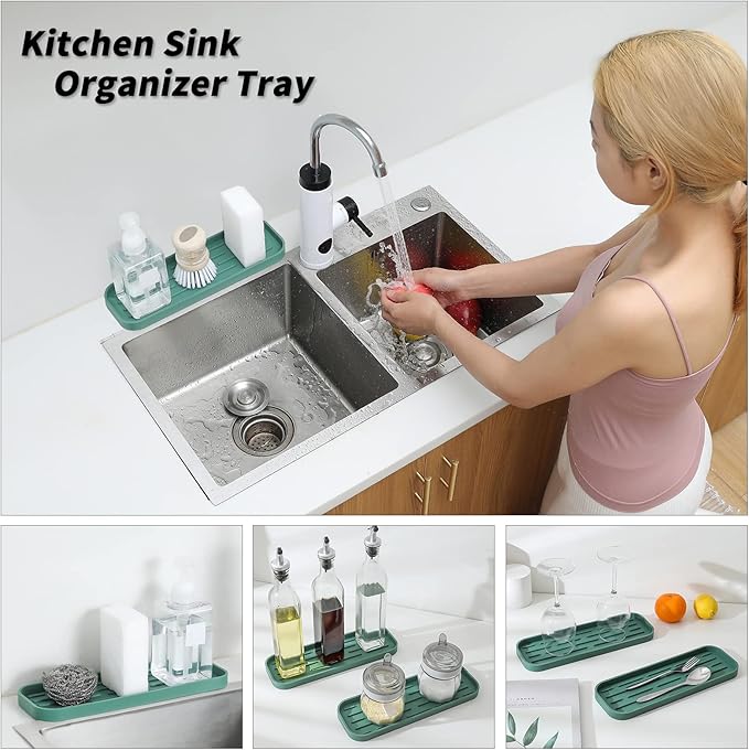 MicoYang Silicone Kitchen Sink Organizer Tray for Multiple Usage,Eco-Friendly Sponges Holder for Kitchen Bathroom Counter or Sink,Dish Soap Dispenser,Scrubber,Bottle,Cup (Green, 12"×4")