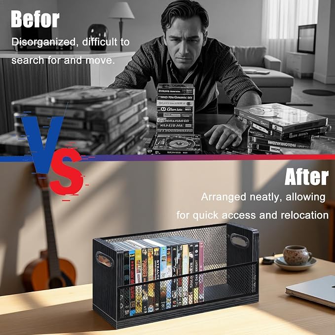 DVD Storage Box, 2 Pack Holds 56 DVDs (28 Each), Stackable Wood & Metal Organizer with Magnetic Opening Door for Blu ray, CDs, Video Game Cases, VHS Tapes