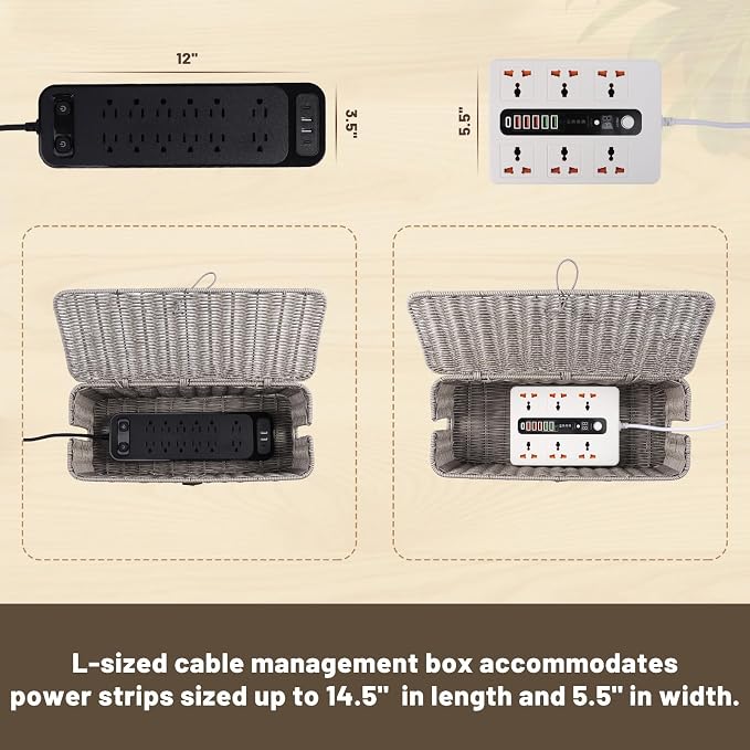 BROWNLILY Cable Management Box, Rattan Style Cord Organizer for Desk Cord Hider Outlet Covers for Power Strip TV PC Router Charger Under Desk Storage with Lockable Lid and Cable Ties