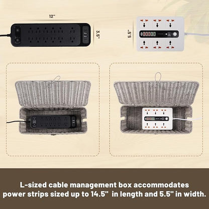 BROWNLILY Cable Management Box, Rattan Style Cord Organizer for Desk Cord Hider Outlet Covers for Power Strip TV PC Router Charger Under Desk Storage with Lockable Lid and Cable Ties