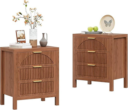 6 Drawer Dresser, Farmhouse Fluted Chest of Drawers, Wooden End Table, Mid- Century Modern Bedroom Nightstand Side Table for Bedrooms, Closets, Hallways, and Entryways, Walnut X2