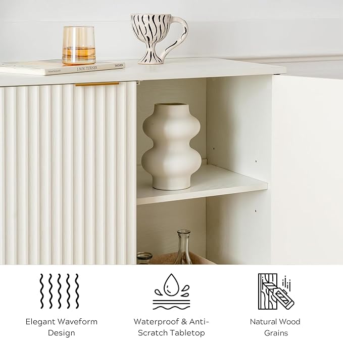 Fluted Storage Cabinets Set of 2, Sideboard Buffet Cabinet Accent Cabinet with Adjustable Shelves, Modern Credenza, Console Table Entryway Cabinets for Living Room, White