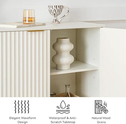 Fluted Storage Cabinets Set of 3, Sideboard Buffet Cabinet Modern Accent Cabinet with Adjustable Shelves, Credenza, Console Table Entryway Cabinets for Living Room, White