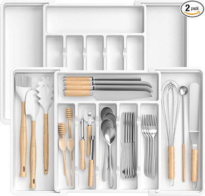 RoomHacks Large Silverware Organizer,Expandable Utensil Drawer Organizer,BPA Free Utensil Holder,Adjustable Silverware Tray Cutlery Drawer Organizer for Kitchen Flatware,Large,White,2 Pack