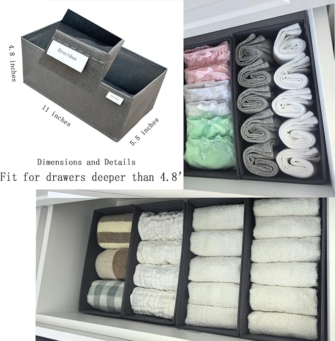 Bructhun Foldable Fabric Drawer Organizer Set 4 Pack Dresser Dividers - Sock Underwear Storage Bins (Gray, 1L+3S)