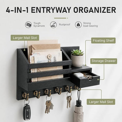 FifthQuarter Key and Mail Holder for Wall, Mail Organizer Wall Mount with 6 Hooks and Storage Drawer, Easy Installation Key Rack for Entryway and Home Decor (A-Black)