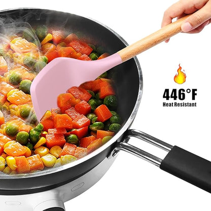 oannao Silicone Kitchen Utensils Set - 446°F Heat Resistant Cooking Utensil Sets, Spatula,Turner,Tongs,Spoon,Whisk, Wooden Handle Silicone Kitchen Gadgets Tools for Non-Stick Cookware BPA Free (Pink)