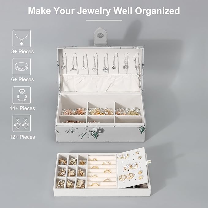 DesignSter 2 Layer Large Jewelry Box for Women, Leather Jewelry Organizer with Removable Jewelry Tray, Jewelry Storage Case for Necklaces Earrings Bracelets and Rings（Orchid）