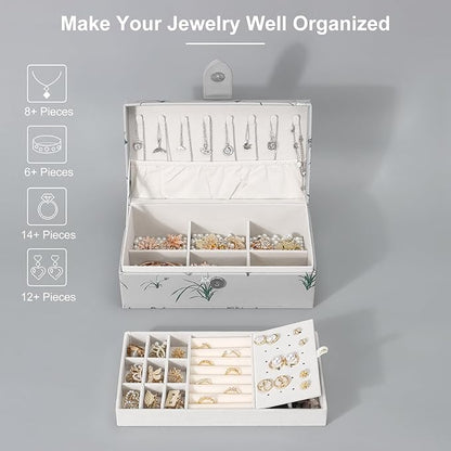 DesignSter 2 Layer Large Jewelry Box for Women, Leather Jewelry Organizer with Removable Jewelry Tray, Jewelry Storage Case for Necklaces Earrings Bracelets and Rings（Orchid）