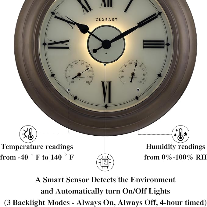 CLXEAST Illuminated Outdoor Clocks Waterproof 24 Inch with Smart Sensor, Large Metal Wall Clocks with Temperature and Humidity for Living Room Decor,Garden Patio,Grey Oak/Faux Barnwood Finish
