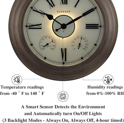 CLXEAST Illuminated Outdoor Clocks Waterproof 24 Inch with Smart Sensor, Large Metal Wall Clocks with Temperature and Humidity for Living Room Decor,Garden Patio,Grey Oak/Faux Barnwood Finish