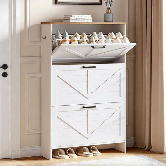 Nicetree Shaker Barn Door Shoe Storage Cabinet for Entryway, 3 Flip Drawers & 3-Tier Adjustable Shelves, Ultra Slim Freestanding, Modern Rustic Brushed White Farmhouse Shoe Rack for Hallway, Foyer