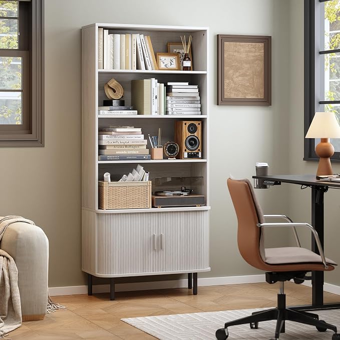 ONBRILL 71" Tall Bookshelf, 4-Tier Bookcase with Storage Cabinet & Adjustable Shelves, Freestanding Wood Bookshelf with Sliding Door and Adjustable Footpad, for Home Office, Living Room, Natural White