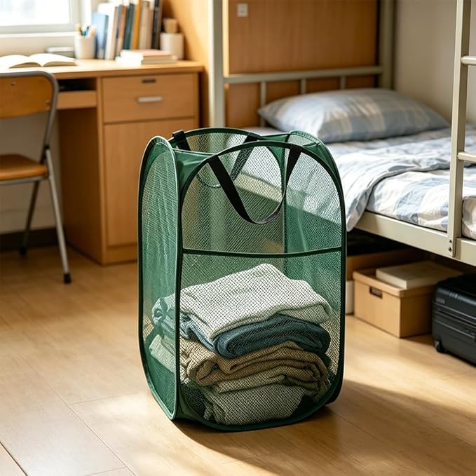 Larpur Pop Up Laundry Hamper Collapsible Laundry Basket, Portable Mesh Clothes Hamper, Dark Green