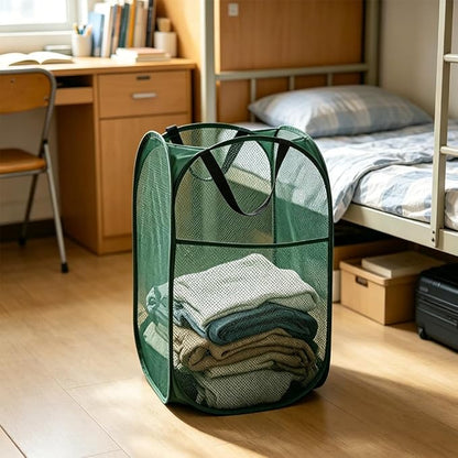 Larpur Pop Up Laundry Hamper Collapsible Laundry Basket, Portable Mesh Clothes Hamper, Dark Green
