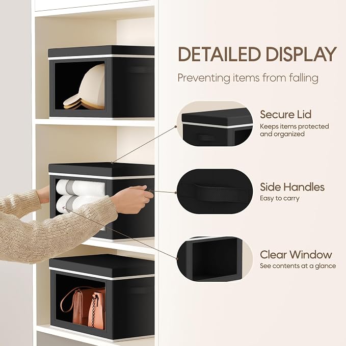 Homsorout Storage Bins with Lids - Small Fabric Organizers with Window, Collapsible Storage Bins for Clothes, Decorative Closet Organizers for Towels, Tshirt, 4 Pack, Black