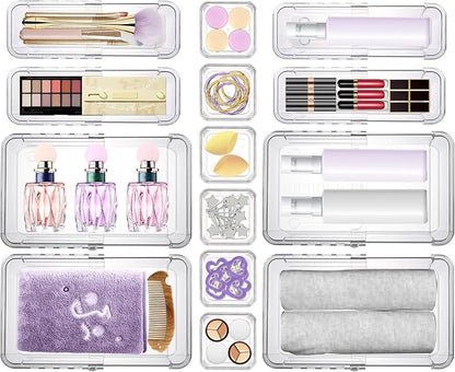 14 Pcs Clear Drawer Organizer, Adjustable Drawer Storage Box, 3-Size Desk Drawer Organizer, Acrylic Storage Bins for Makeup, Cosmetic, Kitchen Utensils, Bedroom Dressers Tool Organizer for Gadgets