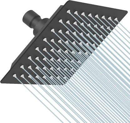BESy 6 Inch Rain Shower Head, 6" Square Rainfall & High Pressure Stainless Steel Bath Showerhead, 1/16" Ultra Thin, Waterfall Full Body Coverage with Silicone Nozzle, Matte Black Finish
