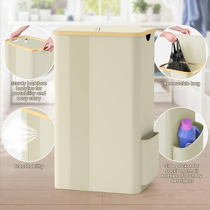 BlissTotes Laundry Basket with Lid, 100L Clothes Laundry Hamper with Handles and Removable Laundry Bag, Breathable Design Hamper with Lid for Bedroom, Bathroom, Dorm, Laundry Room - Beige
