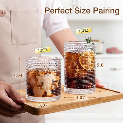 Hobnail Drinking Glasses Set of 8, 4 Highball Glasses 15oz,4 Rocks Glasses 12oz,Mixed Drink Cocktail Glass, Vintage Embossed Glassware Sets for Whiskey,mocktails, Water & Juice Drinkware