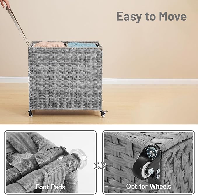 Laundry Hamper with Wheels, 34.3 Gallon(130L) Rolling Laundry Basket with Lid, Removable Large 2 Color Liners & 3 Mesh Laundry Bags, Clothes Hamper with Side Pocket, Grey