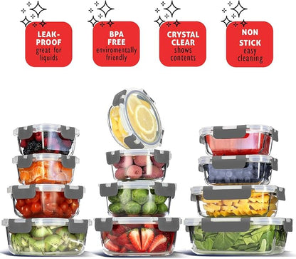 Nestl 48pc Glass Storage Containers with Lids, 24 Glass Food Storage Containers with 24 Airtight Lids for Pantry & Kitchen, Meal Prep Containers for Lunch, Oven Microwave & Dishwasher Safe, Gray