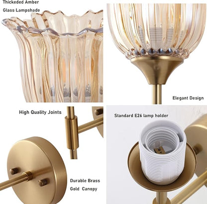 2-Lights Gold Wall Sconce with Amber Glass Shades Modern Mid Century Bathroom Vanity Wall Light Fixtures Industrial Brushed Brass Wall Lamp for Bedroom Mirror Living Room Restaurant
