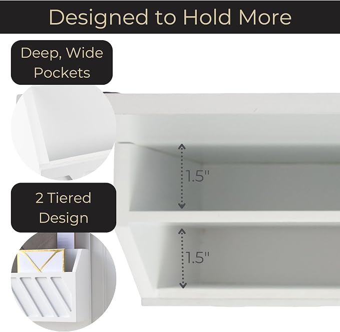 BLU MONACO | Wall Mount Key Holder with Mail Organizer | Wooden Command Center with 3 Hooks and 2-Tier Letter Pockets | Entryway Mail Sorter & Key Rack | White Geometric Wall Organizer for Office Home