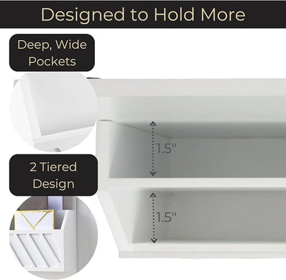 BLU MONACO | Wall Mount Key Holder with Mail Organizer | Wooden Command Center with 3 Hooks and 2-Tier Letter Pockets | Entryway Mail Sorter & Key Rack | White Geometric Wall Organizer for Office Home