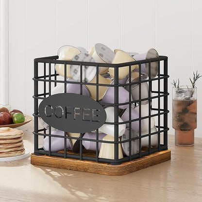 YATINEY Coffee Pod Holder for K Cup, Large Capacity Coffee Pod Organizer, Versatile Coffee Capsule Storage Basket with Wooden Base, Rustic Brown KH10BR