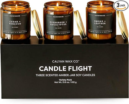 Calyan Wax Co. Masculine Scented Candle Gift Set - 3 Scented Candles - 57 Hour Burn - Luxury Non Toxic Soy Wax Candles - Long Lasting Amber Glass Jar Candle for Home - 7.2oz