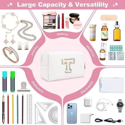 Small Initial Patch Makeup Bag Personalized Gifts Make Up Bag,White Cute PU Leather Glitter Letter Cosmetic Bag with Zipper,Trendy Portable Travel Toiletry Pouch,Preppy Stuff for Teen Girls Women T