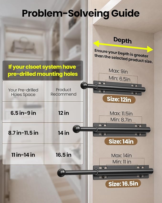 Supforce 14" Valet Rod for Closet Pull Out, Retractable Slide Out Valet Rod Closet Organization, Aluminum Valet Clothing Hanger Rods Perfect for Suits, Dresses & Freshly Pressed Clothes, Black