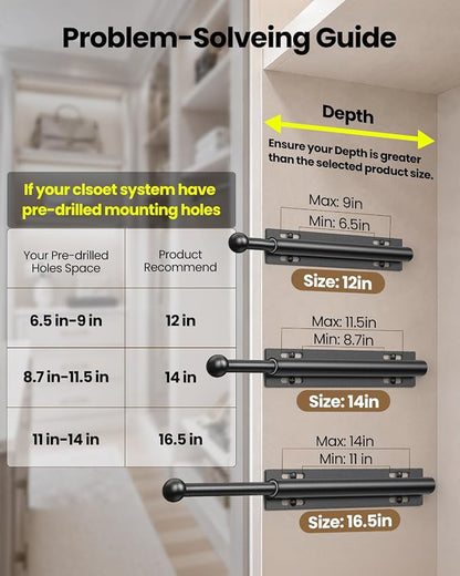 Supforce Valet Rod for Closet Pull Out, Retractable Slide Out Valet Rod Closet Organization, 12" Aluminum Valet Clothing Hanger Rods Perfect for Suits, Freshly Pressed Clothes, Black
