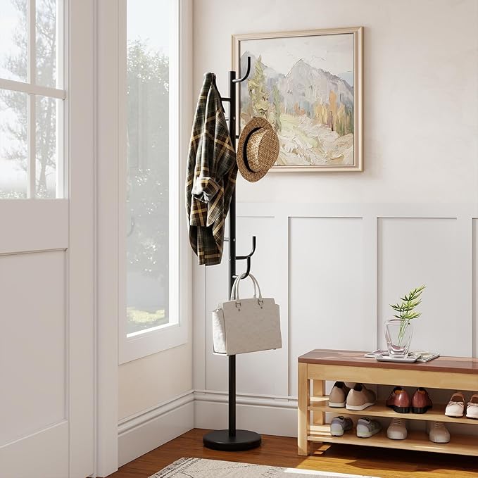 Tangkula Coat Rack Freestanding, Heavy Duty Metal Coat Tree with 8 L-Shaped Hooks & Adjustable Heights, Cactus Coat Hanger Stand for Clothes, Hats, Purse & Bag, for Entryway, Bedroom & Office