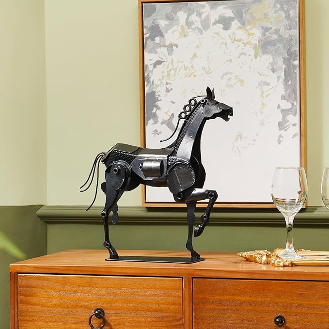 Metal Horse Statue - Rustic Handmade Western Decor - 100% Hand-Painted Horse Figurines for Office & Home - Black