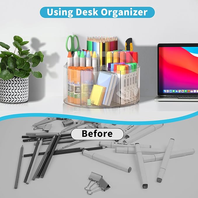 Rotating Markers Organizer for Kids, Acrylic Lazy Susan Organizers for Desks, 360 Degree Spinning Pencil Holders Pen Holders, Clear Arts and Crafts Organizer Storage, Art Supply Storage 6 Compartments