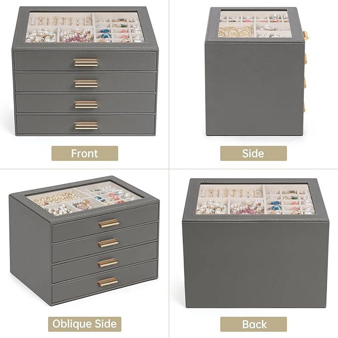 AKOZLIN Jewelry Box with Clear Lid Functional Leather Jewelry Storage Organizer Case 4 Drawers for Women Girls Necklace Ring Bracelet Earring DarkGrey