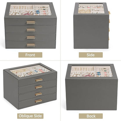 AKOZLIN Jewelry Box with Clear Lid Functional Leather Jewelry Storage Organizer Case 4 Drawers for Women Girls Necklace Ring Bracelet Earring DarkGrey