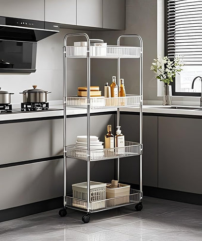 Sooyee Clear 4-Tier Plastic Rolling Utility Cart with Wheels, Multi-Functional Storage Trolley for Office, Living Room, Kitchen, Movable Storage Organizer with Wheels