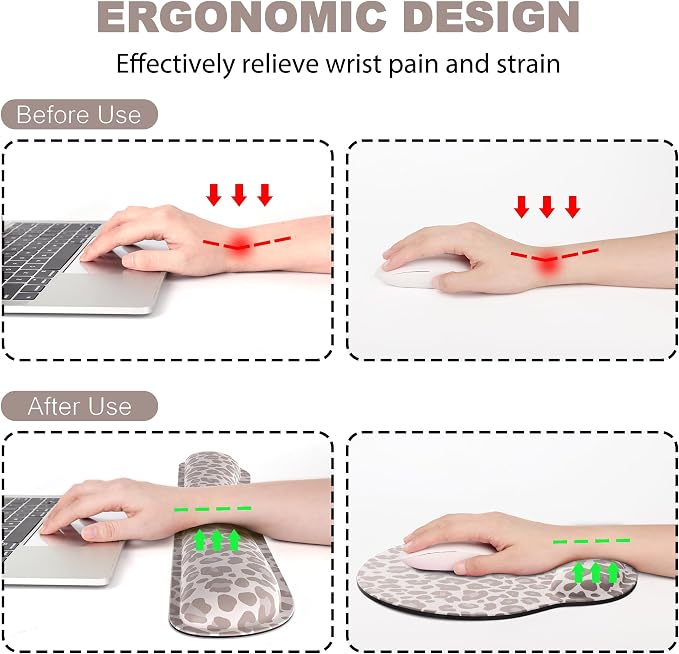 Ergonomic Mouse Pad with Wrist Rest and Keyboard Wrist Rest, Mousepad and Wrist Rest for Computer Keyboard, Pain Relief, Non-Slip Rubber Base, Mouse Pad with Wrist Support for Gaming, Leopard