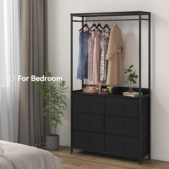 6 Dresser Drawer with Hanging Rack, 2-in-1Tall Dresser for Bedroom/Closet, Fabric Dressers & Chests of Drawers, Sturdy Alloy Steel Frame, Space Saving Closet Organizer