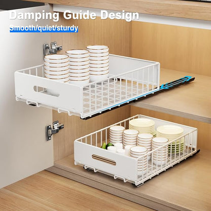 MUSTORN 2 Pack Pull Out Cabinet Organizer, Slide Out Cabinet Drawers Peel and Stick Pull Out Drawers Heavy Duty Pull Out Shelf for Kitchen, Cupboard, Pantry, Bathroom (16.5" D*11.8" W*3.94" H-White)