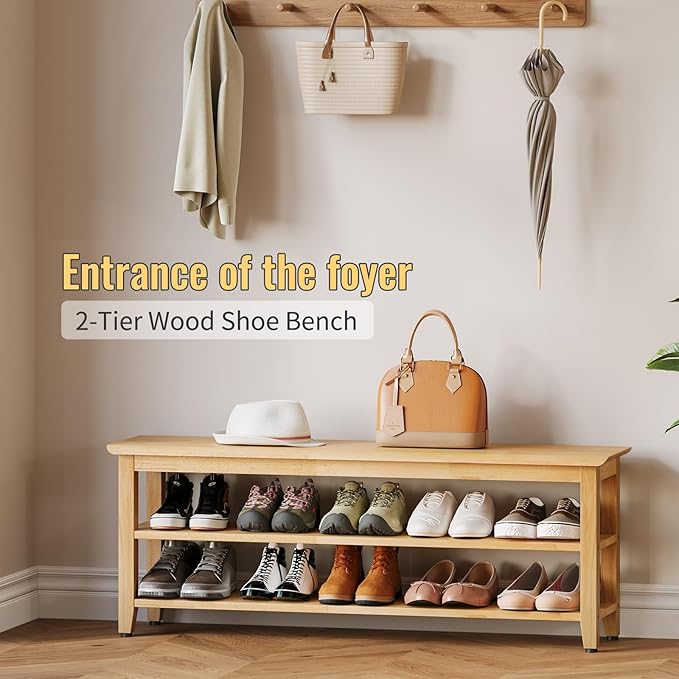 Wood Shoe Bench for Entryway,Bench with Shoe Rack,Storage Shoe Organizer for Hallway,Living Room,Bedroom (Natural, 47.24''W×11.81‘’D×17.71‘’H)
