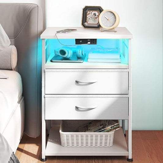 AODK Night Stand with Charging Station, End Table for Bedroom Tall Nightstand with Drawers, Small Nightstand for Bedroom, 4 Tier Storage Bedside Table, White