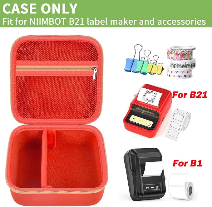 ALKOO Case Compatible with NIIMBOT B21 / B1 Label Maker Wireless Thermal Label Printer, Holder for Inkless Label Maker & Labeling Tapes Refills, with Mesh Pocket for Cable Accessories (Red)